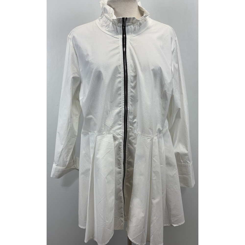 John Mark Crisp White Shirt Jacket XL Full Zip Mid Length Wire Collar Pleated